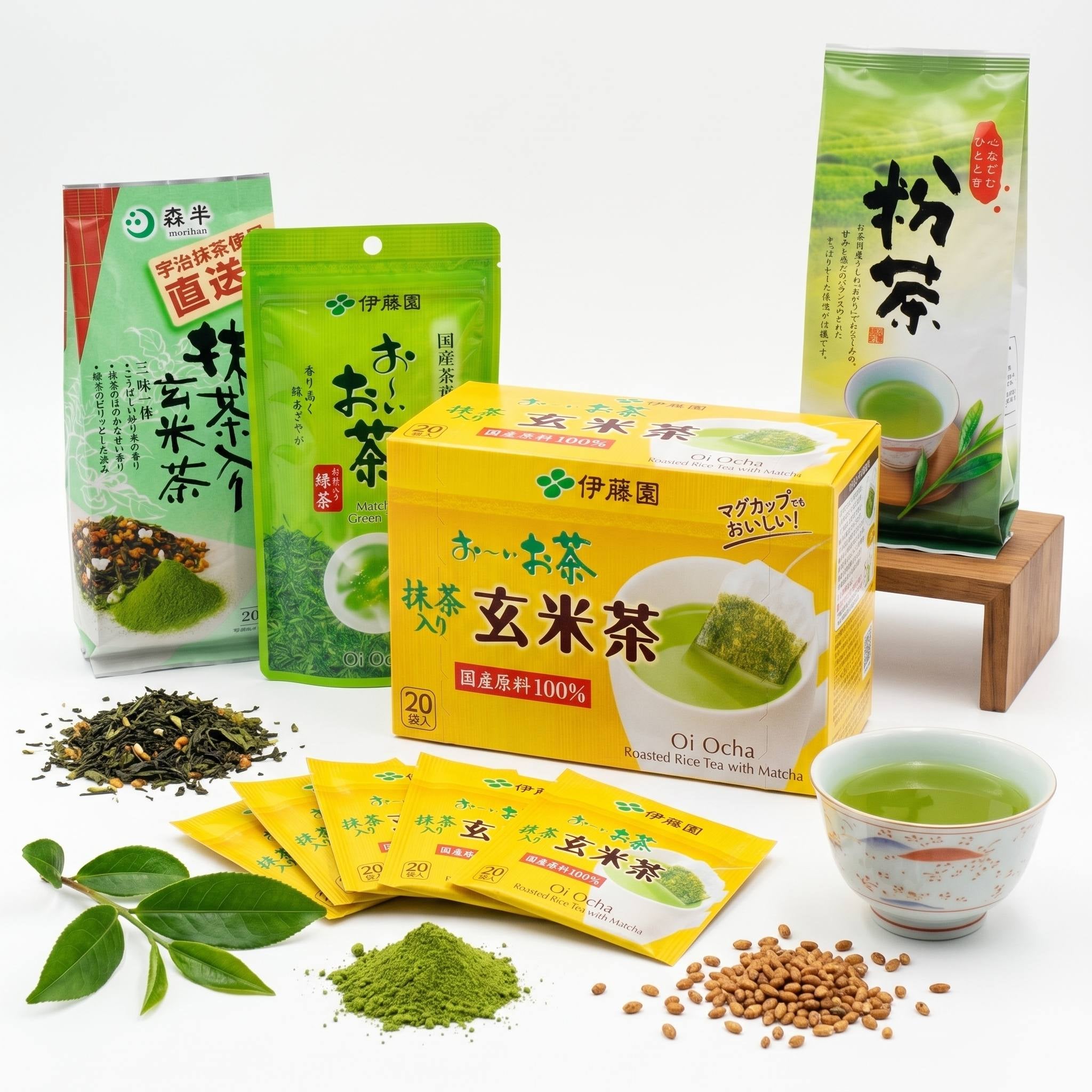 A variety of Japanese matcha and genmaicha tea products, tea leaves, powder, tea bags, and a cup of green tea are arranged on a white surface with green leaves scattered around.