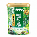 A green, cylindrical container of Bathclin Kiwami no Yu Onsen Bath Salt (600g) featuring forest imagery, a gold lid, and Japanese text. The label highlights a peaceful river scene, showcases the product’s branding, and emphasizes natural hot spring minerals inspired by traditional Japanese onsen baths.