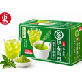 A green box of Iyemon Instant Green Tea Sticks (Pack of 120), featuring images of iced tea, matcha powder, and a tea packet. The packaging is in Japanese and displays vibrant tea leaves along with a red logo in the top left corner. Made with high-quality Kyoto tea, these convenient instant Japanese tea sticks provide 120 servings per box.