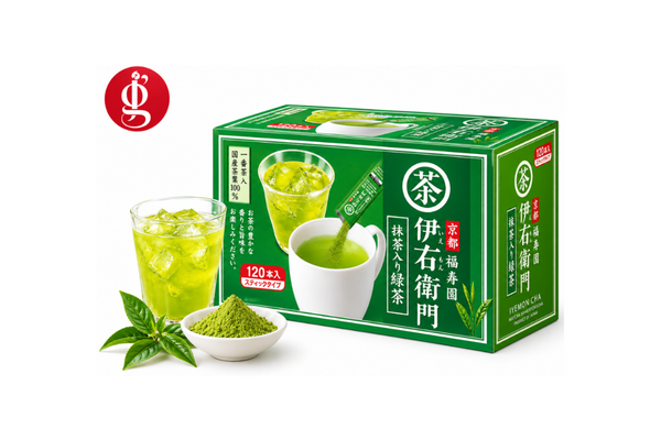 A green box of Iyemon Instant Green Tea Sticks (Pack of 120), featuring images of iced tea, matcha powder, and a tea packet. The packaging is in Japanese and displays vibrant tea leaves along with a red logo in the top left corner. Made with high-quality Kyoto tea, these convenient instant Japanese tea sticks provide 120 servings per box.