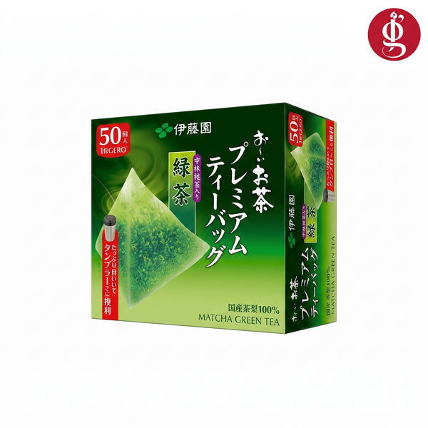 A green box of Ito En Oi Ocha Premium Green Tea Bags with Uji Matcha (50 Bags) - 100% Imported from Japan, featuring an image of a triangular tea bag filled with green tea. The packaging displays Japanese text, highlights the use of authentic Uji matcha from Japan, contains 50 bags, and has a red and white logo in the top right corner.