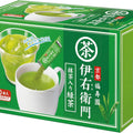 A green box of Iyemon Instant Green Tea Sticks (Pack of 120), featuring Japanese text and vibrant images of Kyoto green tea, displays a cup of instant matcha and included tea sticks.
